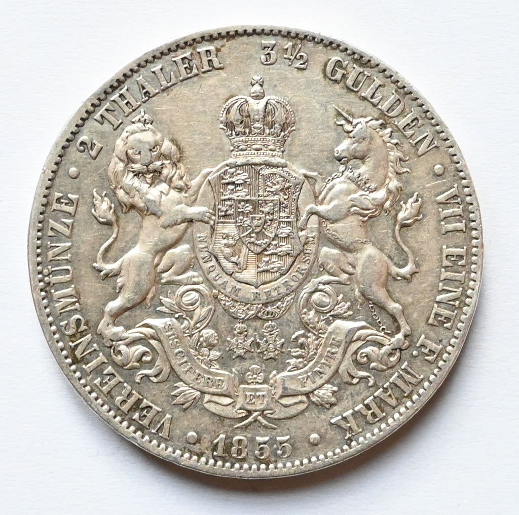 Niemcy / Hanower – 2 Talary (3½ Guldena) 1855 B – Jerzy V – srebro Stan 2-/3+